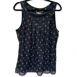 NWOT Roz & Ali Women's L Navy Gold Metallic Diamond Pleated Tank Top Blouse